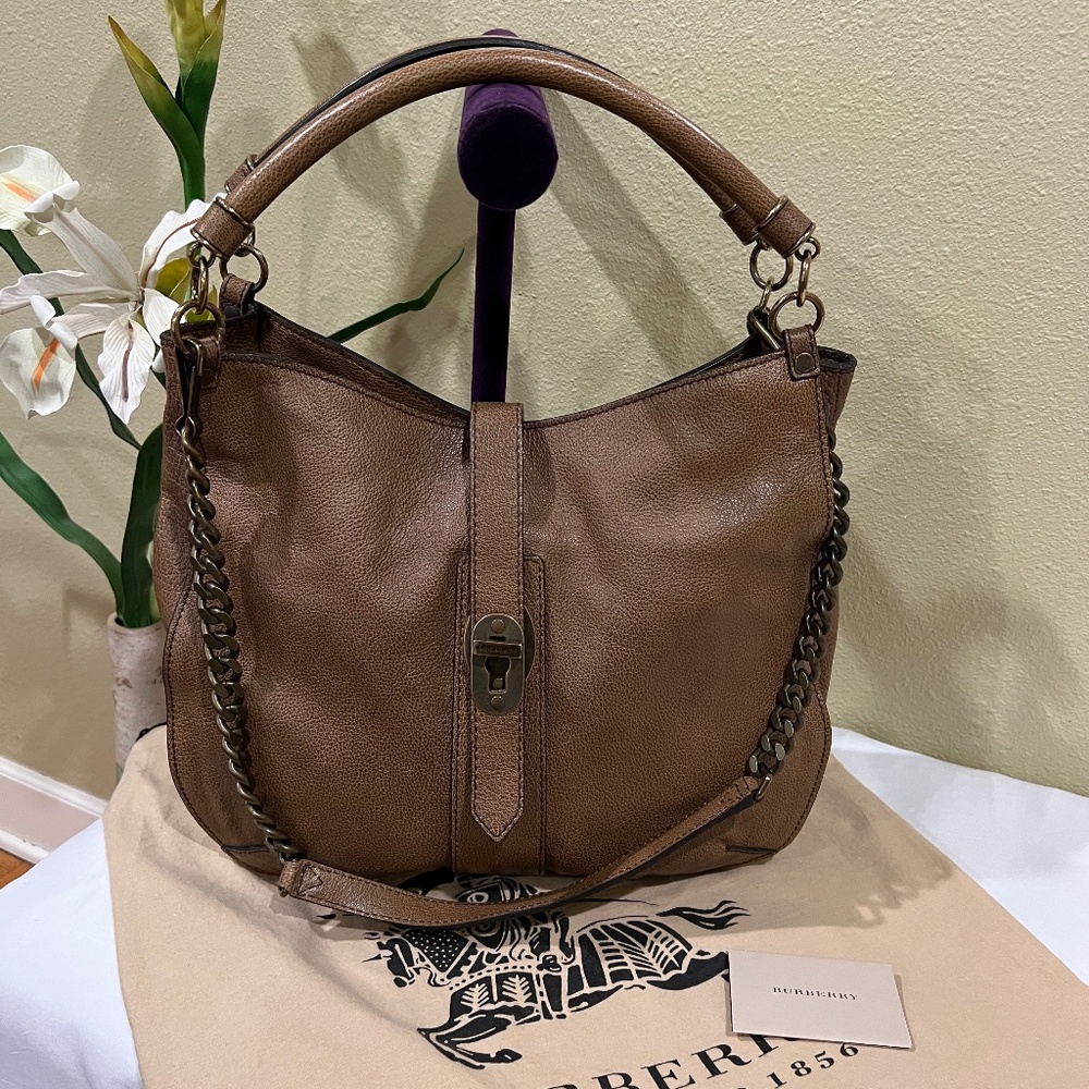 BURBERRY BARTOW HOBO SHOULDER BROWN GRAINY LEATHER HANDBAG